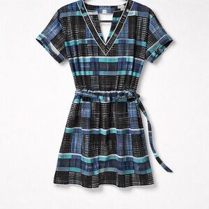 Banana Republic Black & Blue Striped V-Neck Belted Mini Dress